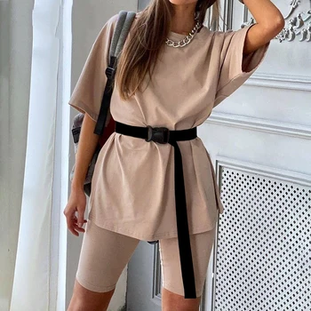 

Summer 2020 Women 2 piece Sets O Neck Loose Short Sleeve Top Shirt And Biker Shorts Casual White Outfit Khaki sets