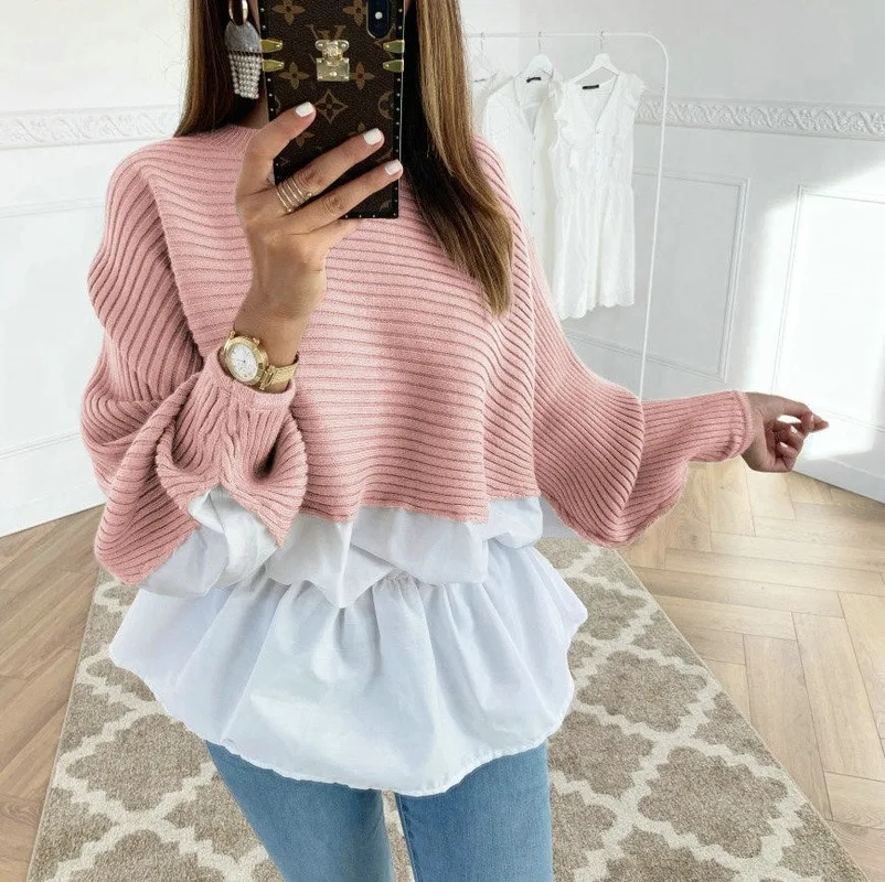 

Colorblock Insert Ruffles Ribbed Batwing Sleeve Blouses Women Autumn Long Sleeve Casual Blouse Tops Streetwear