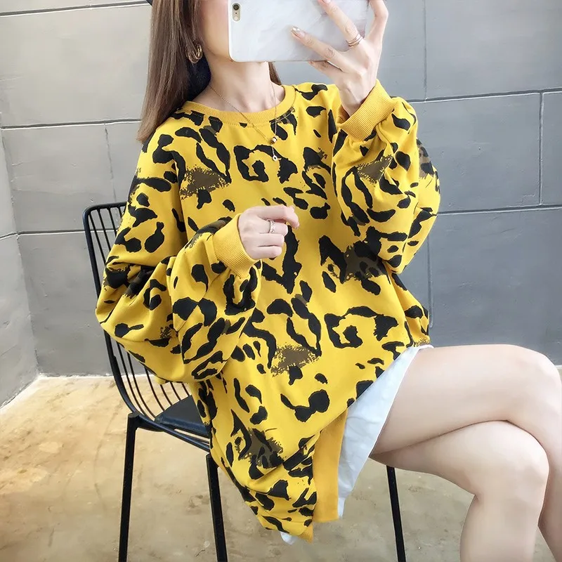 

New Yellow Leopard Print pullover Women Spring and Autumn Long Sleeve Crew Neck Sweatshirt Pastel Clothes Gray Blue Pink Red