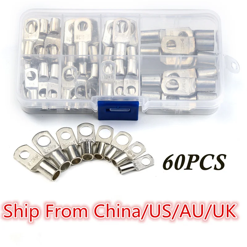 60Pcs SC6 6 SC25 8 Electrical Wire Ring Connectors Copper Tube Lug