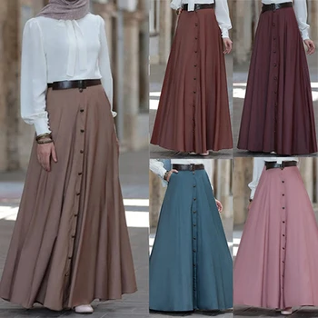 

Arab Dubai Fashion Muslim Women Long Skirt High Waist Button Pure Color Big Pendulum Plus Size Elegant Female Clothes