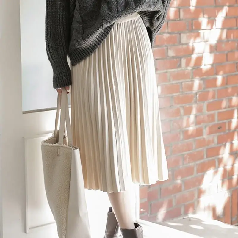 Элегантная плиссированная юбка миди для женщин осень зима Корейская трапециевидная Юбка До Колена однотонная трикотажная юбка с высокой талией