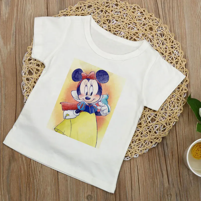 Kawaii/футболка для мальчиков коллекция года, модные Забавные футболки для девочек с изображением мультяшной мыши, принцессы, Льва рубашка корейского дизайна милые летние топы для детей