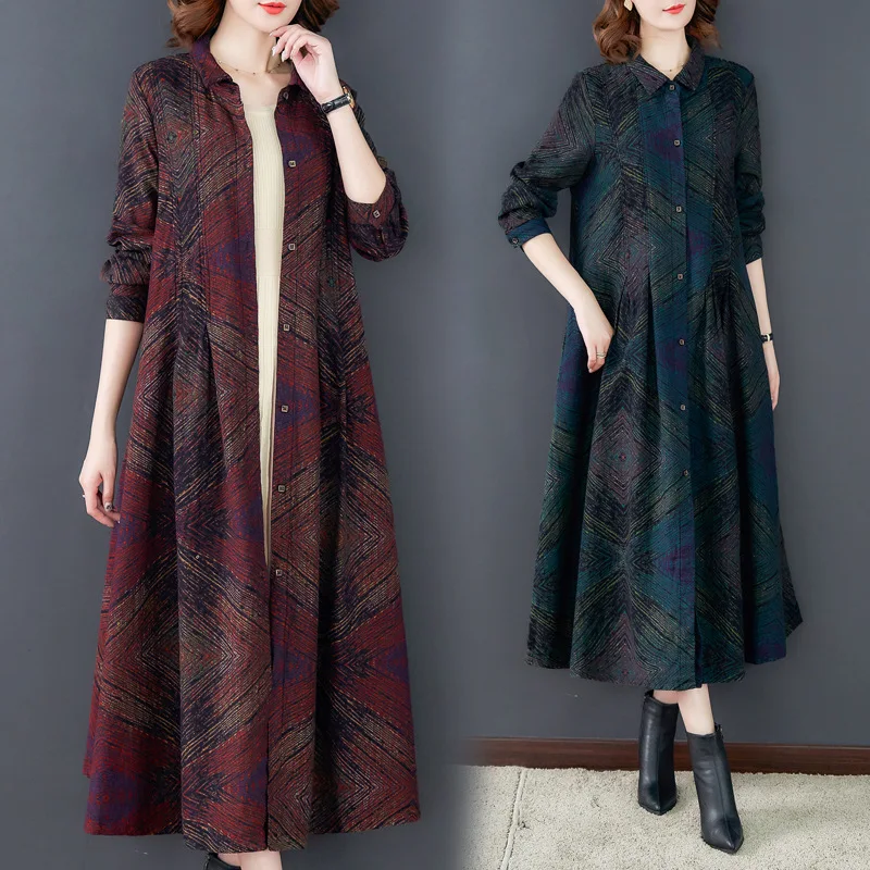 

2019 Autumn New Style Large Size Loose Retro Stripes Cotton Linen Outdoor Women's Elegant Versatile Mid-length over-the-Knee Coa