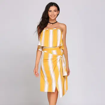 

Stripes Bandeau Top And Cross Hem Skirt Set High Waist Bow Casual Knee Length Sleeveless Contrast Color