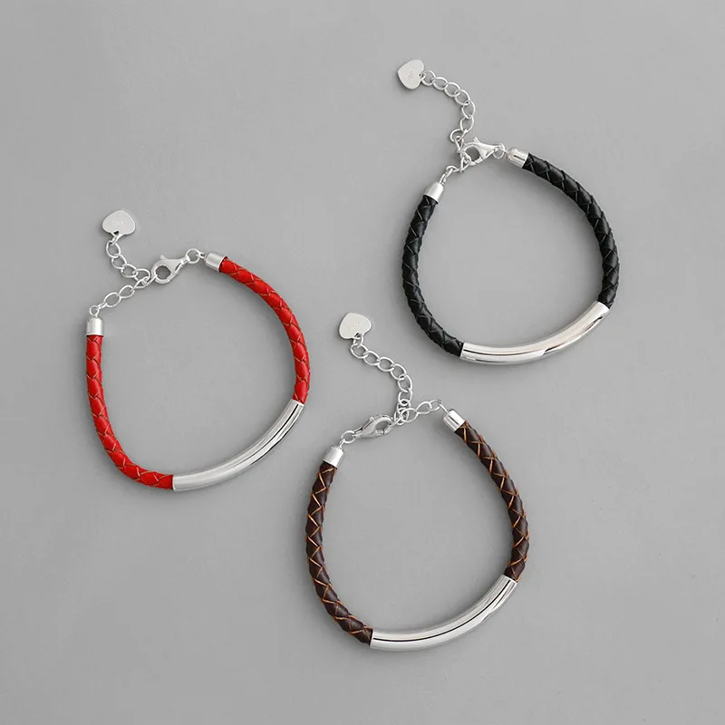 HFYK 925 пробы серебряный браслет красный черный коричневый кожаные браслеты для женщин модные браслеты Pulseras de plata 925 Pulseiras