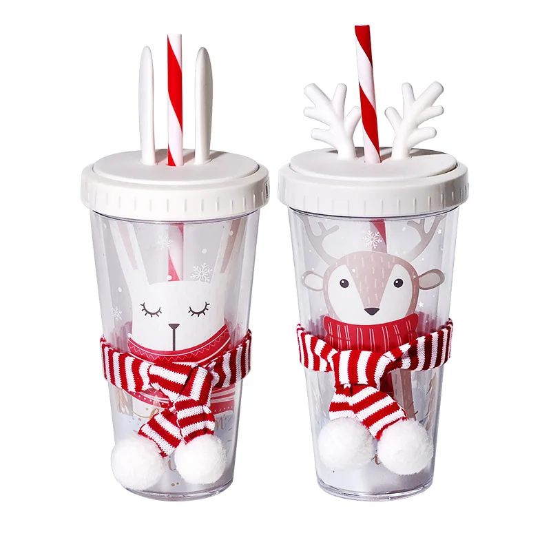 1pc 16oz Christmas Holiday Double Layer Crushed Ice Straw Cup For
