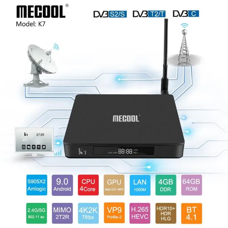  MECOOL K7 Smart TV Box Android 9.0 4K 4+64G Quad Core BT 4.1 WIFI Top Box - 4000249885385