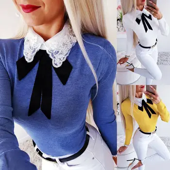 

2019 New Women Fashion T-Shirts Slim Lace Bow Tie Long Sleeve Party Blouses Tops Fashion Autumn