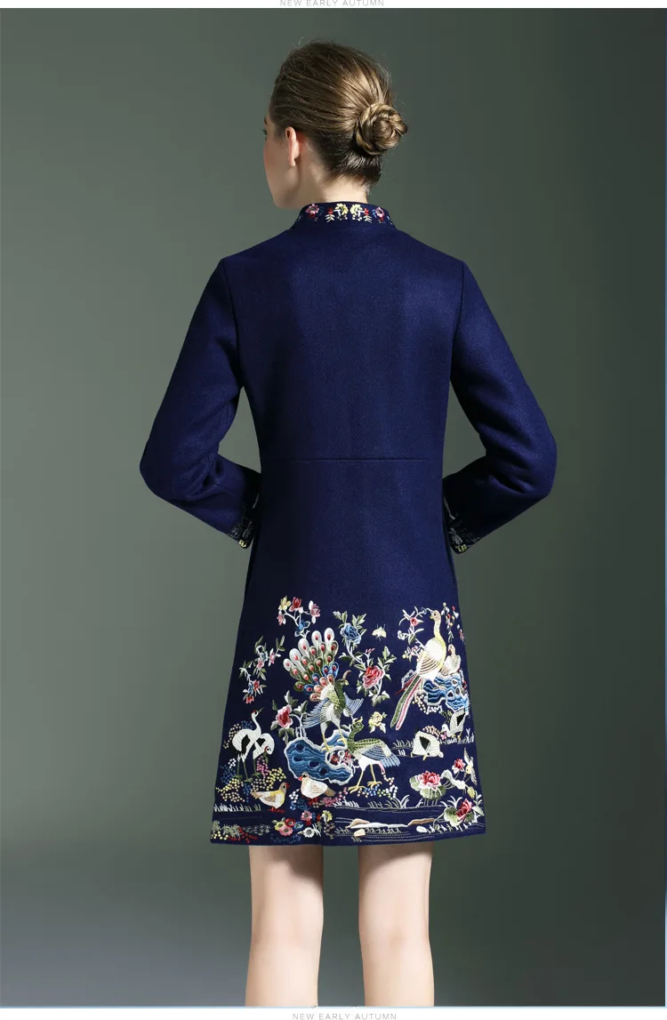 Plus size Autumn winter national trend women's outerwear embroidery long design stand collar women trench woolen overcoat
