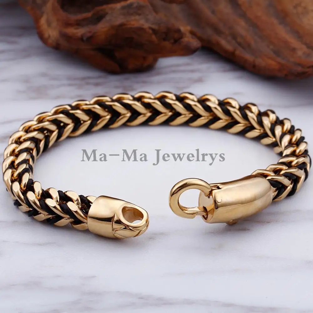 Trendy Vintage Leather Braided Cords Mens Gold Stainless Steel Franco Bracelet 9