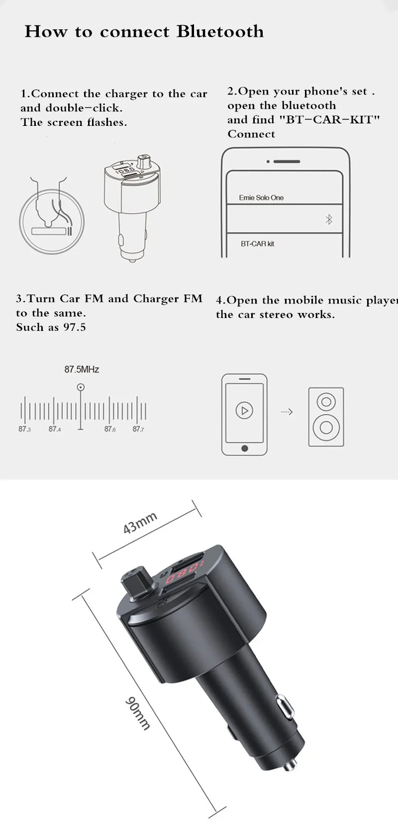 USB Автомобильное зарядное устройство с Bluetooth mp3 плеером fm-передатчик громкой связи два порта многофункциональный для android type c
