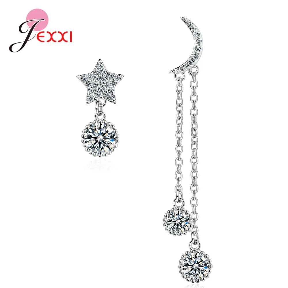 

New Arrival Women Girls Fashion Asymmetric Moon Star Pendant Drop Earrings 925 Sterling Silver Shiny Cubic Zircon Dangle Earring