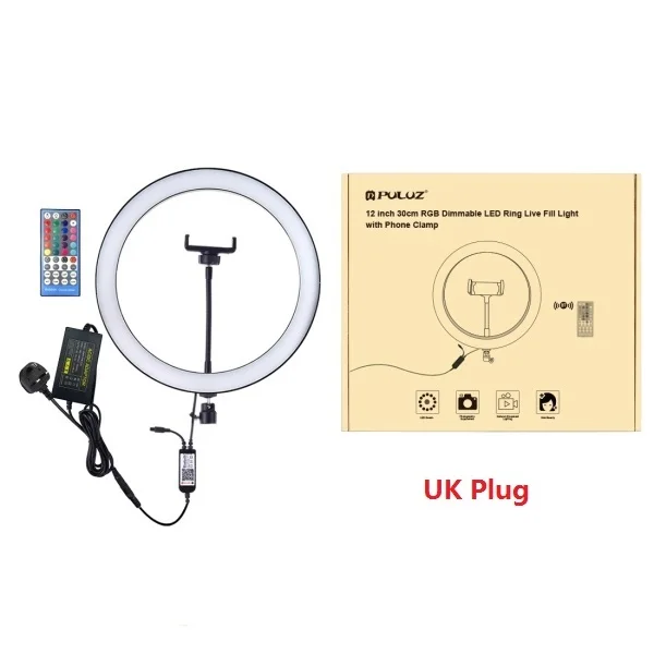 UK Plug PULUZ 12 дюймов кольцевой светильник и штатив-Трипод и держатель телефона с регулируемой яркостью RGB светодиодный селфи кольцо светильник s& пульт дистанционного управления для фото и видео на YouTube - Цвет: UK Plug