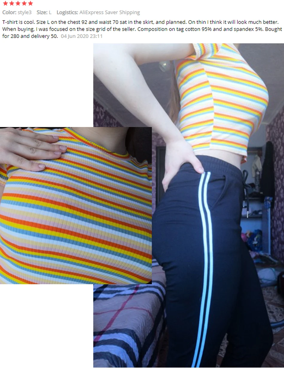 T-Shirt Women cotton Rainbow Striped Tops Harajuku Tshirt Summer Short Sleeve Navel Skinny stitching Korean Punk crop top woman