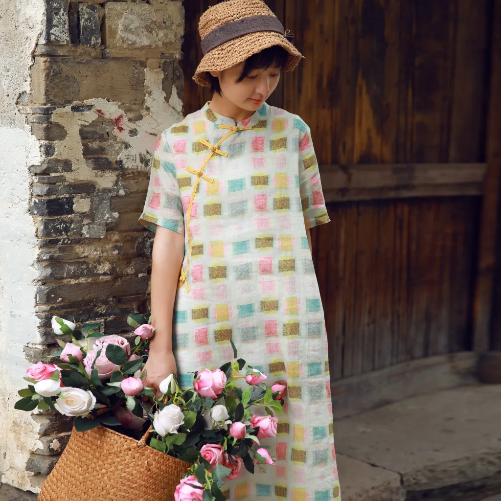 Оригинальный летний хит цвет пластина Кнопка печатных рами Длинные Cheongsam