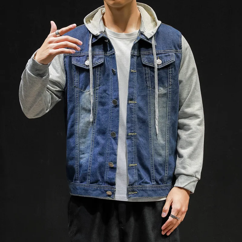 

2019 Autumn Clothing Men Casual Denim Jacket Japanese-style Loose And Plus-sized Men's Cowboy Stitching Jacket Hooded Coat