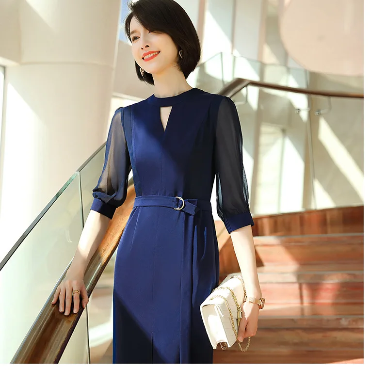 

Business Chiffon Dress Women's 2020 Spring And Summer New Style Waist Hugging Slimming Elegant Feminine Three-quarter-length Sle