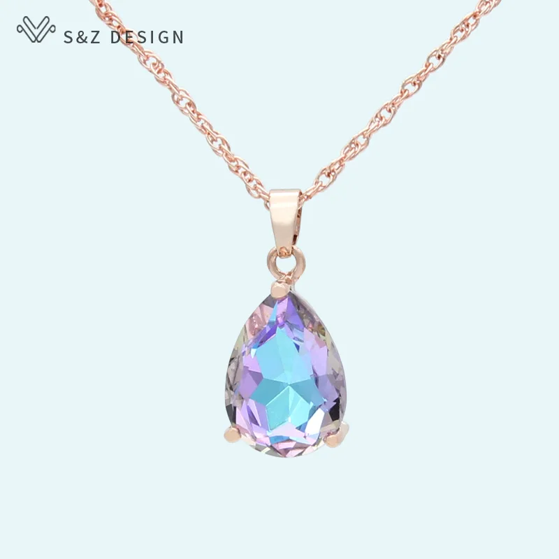 S&Z DESIGN New Fashion Water Drop Crystal Pendant Necklace For Women Wedding Party Fashion 585 Rose Gold Color Jewelry