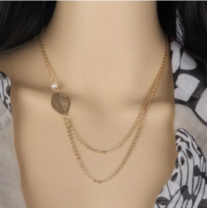 Fashion Simulated Pearl Necklaces For Women Gold Color Simple Leaf Design Multilayer Chain Necklace Jewelry Gifts | Украшения и