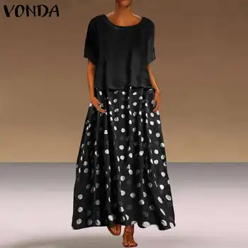 

VONDA Bohemian Sundress 2020 Summer Women Vintage Patchwork Maxi Long Dress Beach Holiday Dress Plus Size Casual Loose Vestido