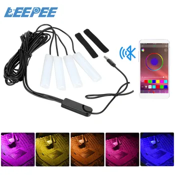 

Auto Atmosphere Lamps 4pcs Car LED Dash Floor Foot Strip Light Bluetooth APP Sound Music Control USB Cigarette Lighter Adapter