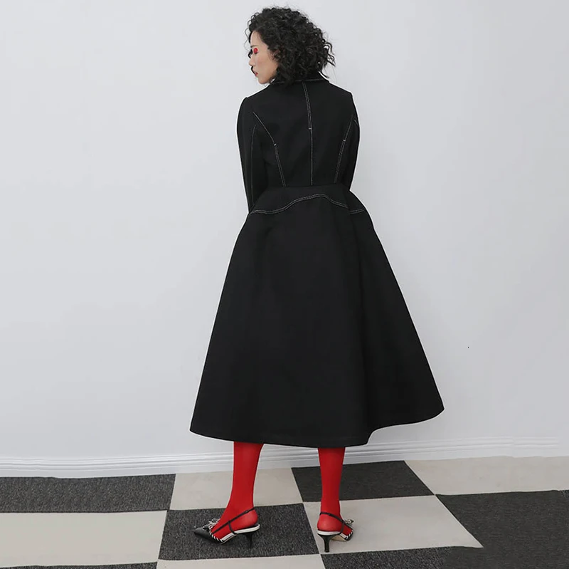[EAM] свободное Черное длинное шерстяное пальто с разрезом, парки, новинка, длинный рукав, женская мода, Осень-зима, 1N114