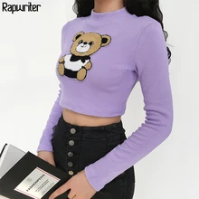 Rapwriter Повседневная водолазка с вышивкой медведя, трикотажная футболка с длинным рукавом для женщин,, корейский стиль, ребристые Базовые укороченные топы для девочек