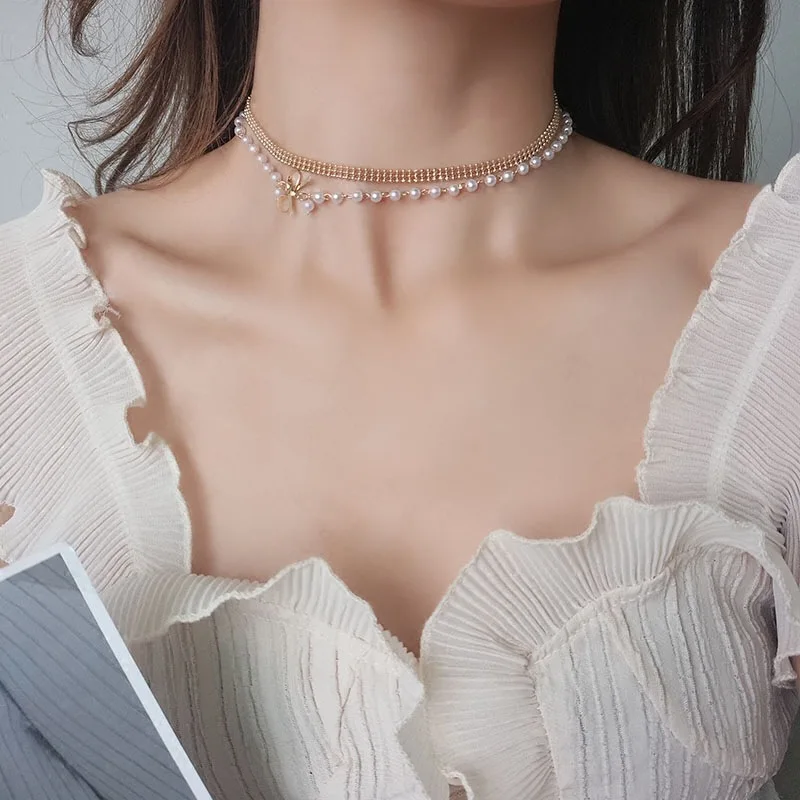 Luxy Pearl Choker Necklace Double Layer Chain Gold Metal Bow Knot Pendant Neck Jewelry Collar White Beads Bijoux Femme | Украшения и