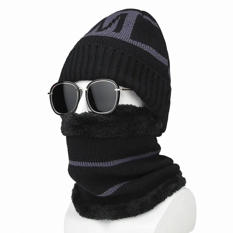 HC003-133-Black Комплект из 2 предметов модные унисекс Зимние теплые вязанные шапочки Skullies& Beanies с шарфами Тип головного убора вязаные шапочки зимние, шапки для Для мужчин - Цвет: HC003-133-Black