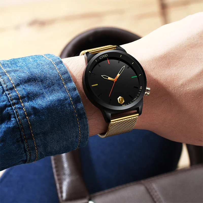 CIVO Роскошные наручные часы для мужчин золотой тонкий сетчатый ремешок минималистичные Кварцевые спортивные часы водонепроницаемые Дата Relogio Masculino