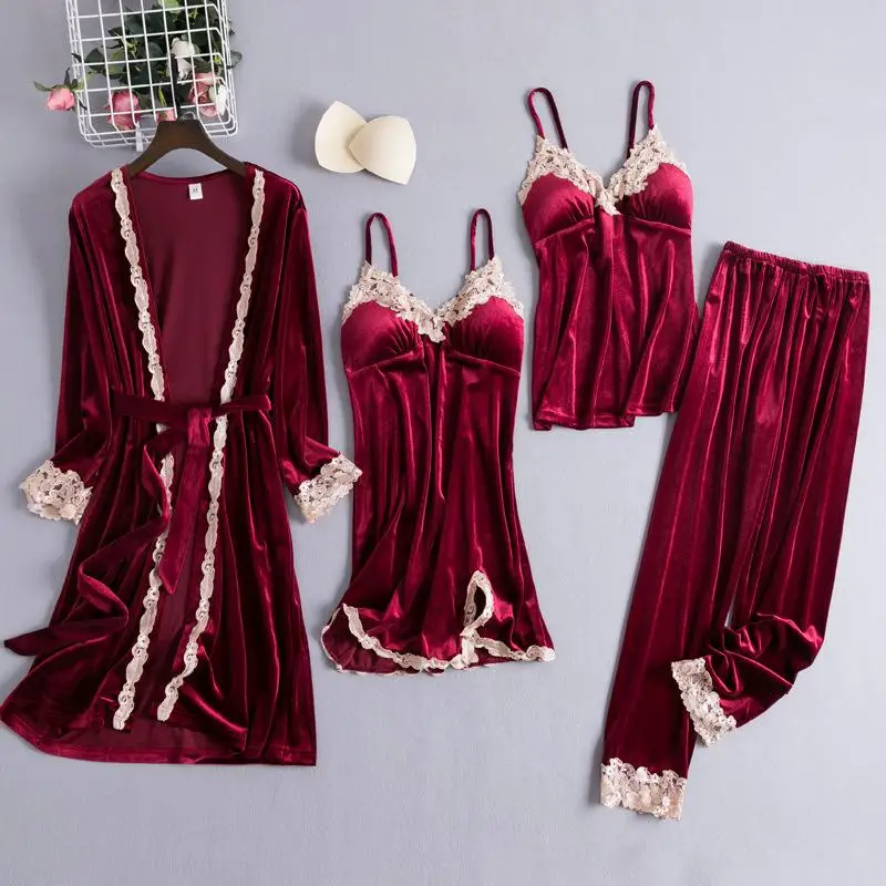 Классический бордовый женский халат, халат, мягкий велюр, осень, новинка, 4 шт., ночное белье, домашний халат, кружевное лоскутное одеяло, комплект - Цвет: Burgundy