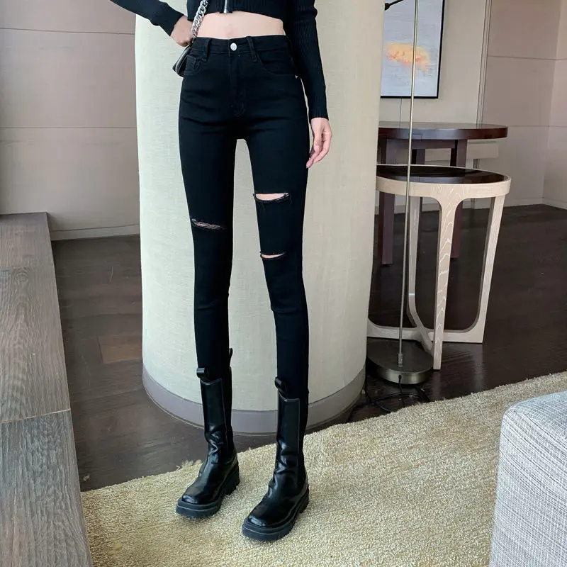 Women Black Ripped Jeans 2021female Spring Autumn New Tight-fitting  High-waisted Ankle Jeans Are Thin Versatile Stretch Pant A88 - Jeans -  AliExpress