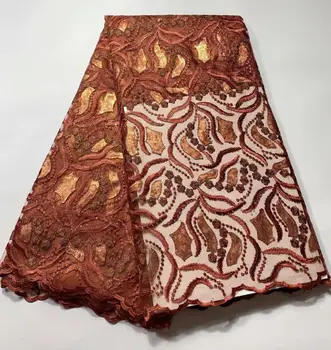 

Latest African Lace Fabric High Quality French Net Embroidery orange Sequins Tulle Lace Fabric For Nigerian Party Dress FFYI116