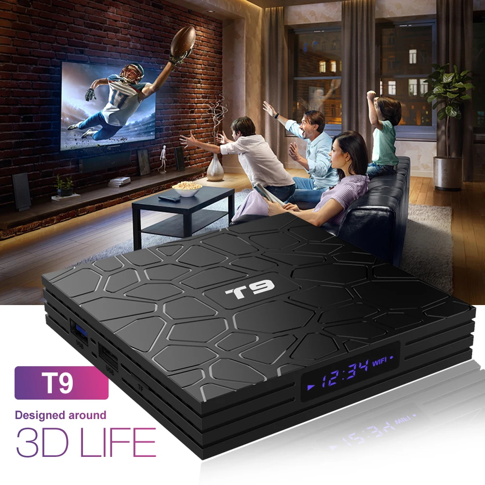 T9 Android 9.0 TV Box 4GB DDR3 RAM 32GB ROM RK3318 BT4.0 Quad-Core  Cortex-A53 64 Bits Support Dual WiFi 2.4G/5G 3D Ultra HD 4K Android Box