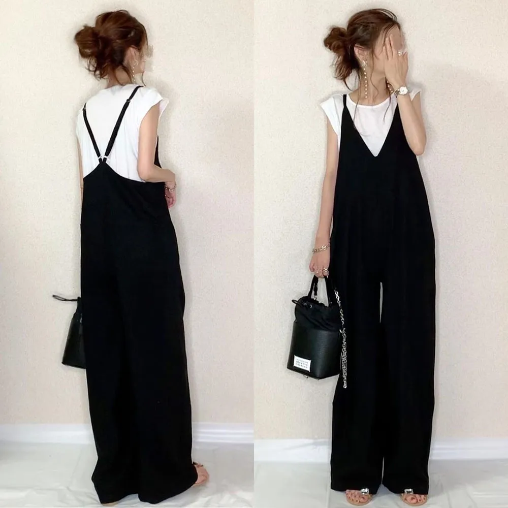

Jumpsuit Women 2020 New Sling Loose Bf Tide Straight Wide-leg Pants Casual Black Overalls Trousers Fashion Simple Overalls Hot