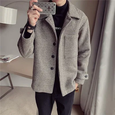 winter new Korean fashion woolen coat windbreaker personality handsome houndstooth season trend men's jacket - Цвет: Белый