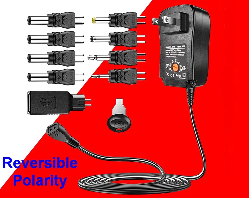 30W אוניברסלי מתכוונן כוח מתאם מטען AC כדי DC תקע 3V 4.5V 5V 6V 7.5V 9V 12V 2A 2.5A 2500mA הפוך קוטביות