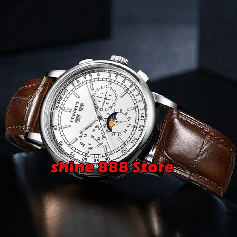 

42mm Corgeut mechanical wristwatches moon Phase White Dial Silver Year Day Month Week 316L SS Case Automatic Men's watch