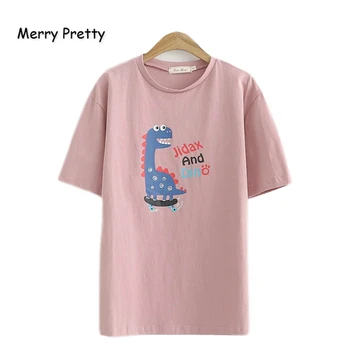 

MERRY PRETTY Cotton Women's Cartoon Dinosaur Print Harajuku T Shirts Summer Short Sleeve O-Neck T Shirt Basic Tops Tees