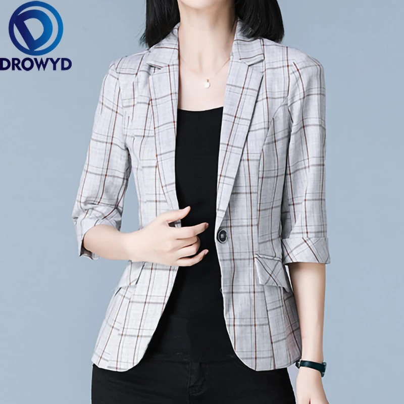 

Gray Plaid Blazer Casual Women Tailored Coat Lady Office Work Suit OL Styles Elegant 4XL Pockets Slim Blazer Jacket Chic Tops