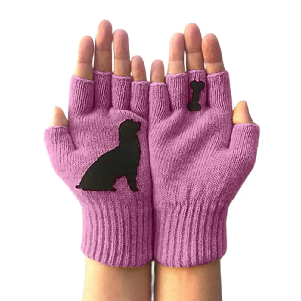Фиолетовый Новые женские зимние вязаные перчатки без пальцев Kawaii Puppy Dog Bone с принтом теплые варежки Прямая поставка - Цвет: Фиолетовый