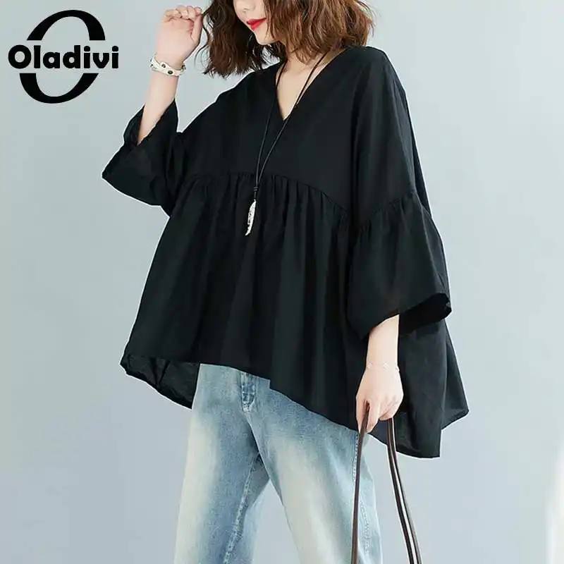 Oladivi-Blusa holgada informal de talla grande para verano, camisa negra de talla grande para mujer, 3XL, 4XL, 5XL, 6XL, 8XL