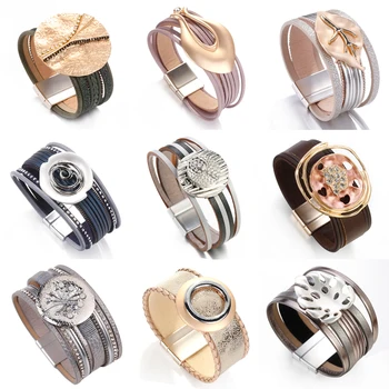 

ALLYES Bohemian Leather Bracelets For Women Ladies Boho Metal Crystal Wrap Multilayer Wide Charm Bracelet Female Jewelry