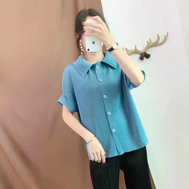 

LANMREM 2020 new spring turn-down collar short sleeves single breasted pleated vintage short jacket female clothes WJ25502