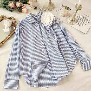 

2020 Spring New Lapel Three-dimensional Flower Decoration Loose Stripes Shirt Loose Top Women Long Sleeve Blouses