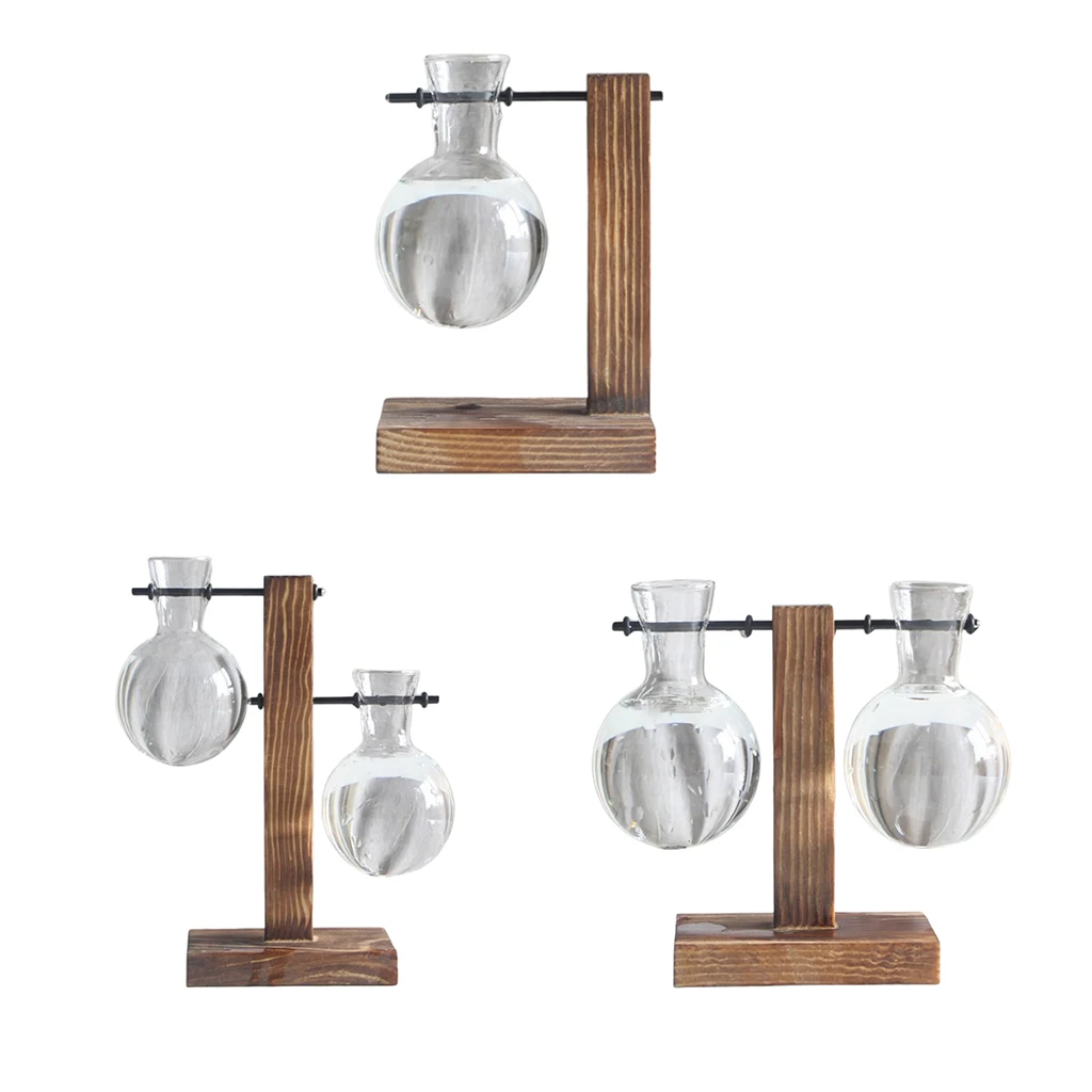 Retro Glass Flowerpot, Clear Glass Bulb Hydroponic Vase with Vintage Wooden Stand for Office Desktop Decoration