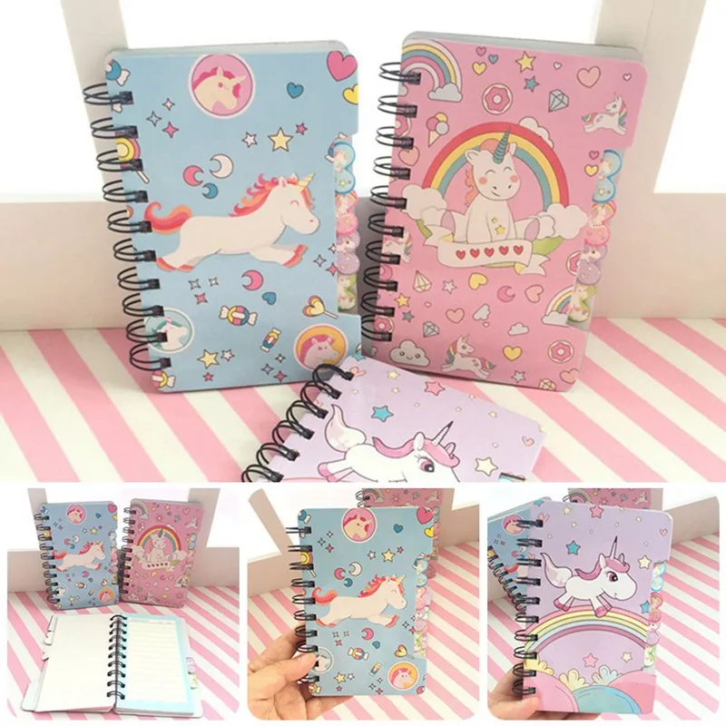 1PC Cute Cartoon Unicorn Hard Cover Coil Notebook Kawaii Planner Pupils Notepad Cute Line Inner Page Stationery Random Color