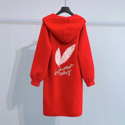 red Норковый кашемировый длинный кардиган для женщин, осенне-зимний вязаный свитер, пальто с капюшоном, модные толстые теплые кардиганы с вышивкой, пальто для женщин - Цвет: red