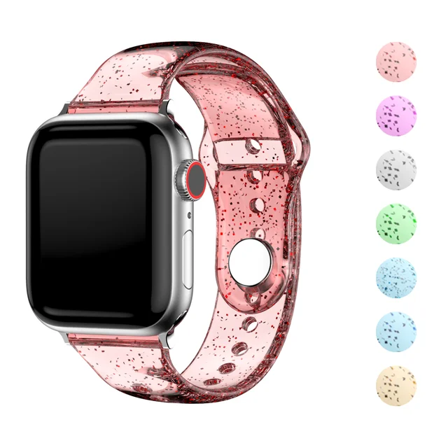 Soft Silicone Bands for Apple Watch Strap 45mm 41mm 44mm 40mm42mm38mm Glitter Women Sports Wristband for iWatch 7/6/5/4/3/2/1/SE ClearRed